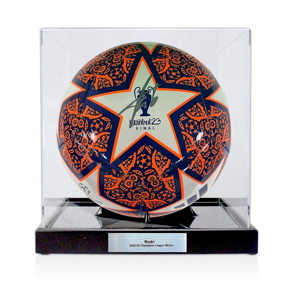 Exclusive Memorabilia Rodri Signed 2023 Champions League Final Football. Display Case With Plaque