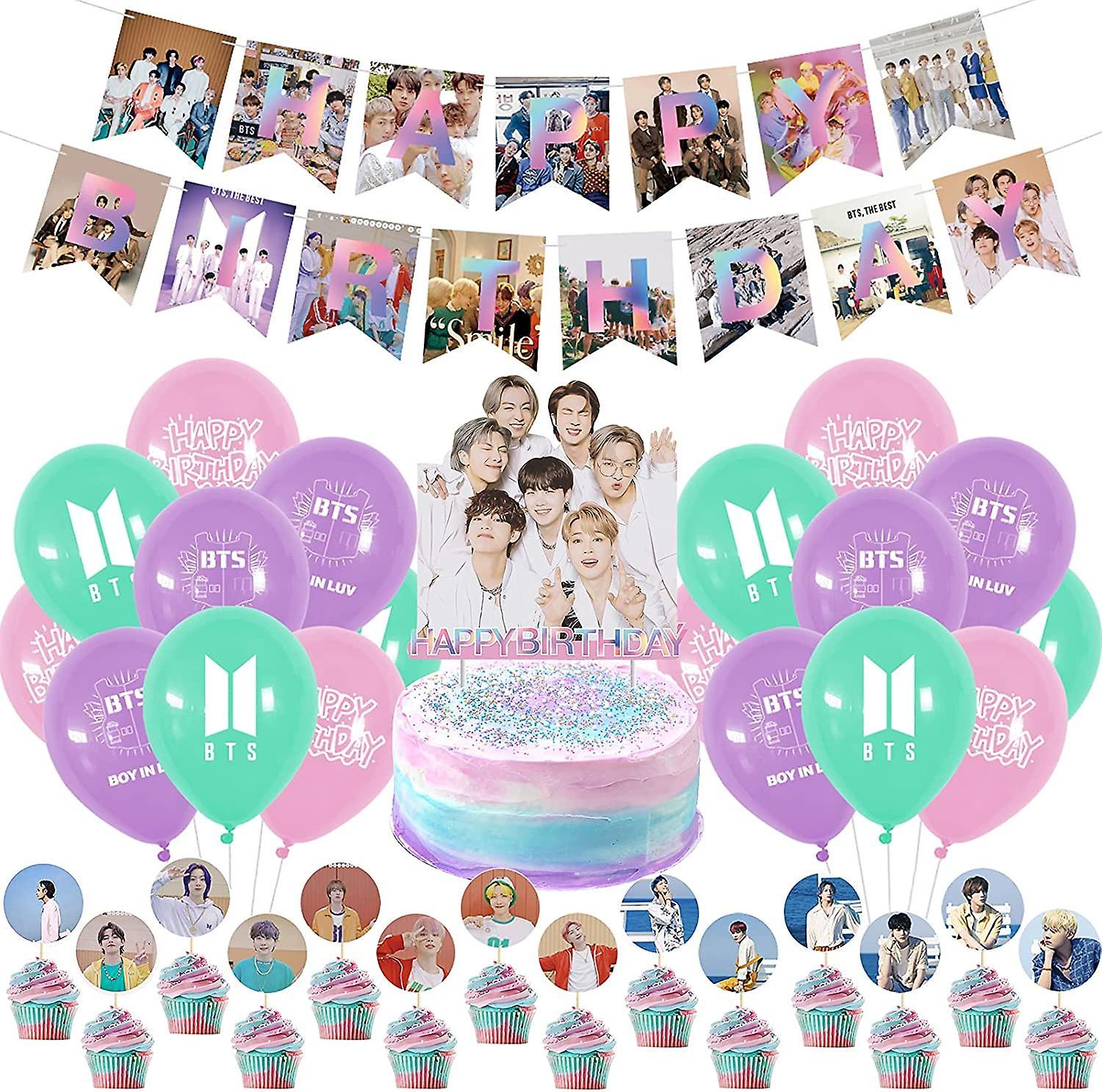 Liangnv Bts Birthday Party Decorations, Kpop Birthday Supplies For Bangtan Boys Fans Include Bts Happy Birthday Banner Cake Toppers Balloons