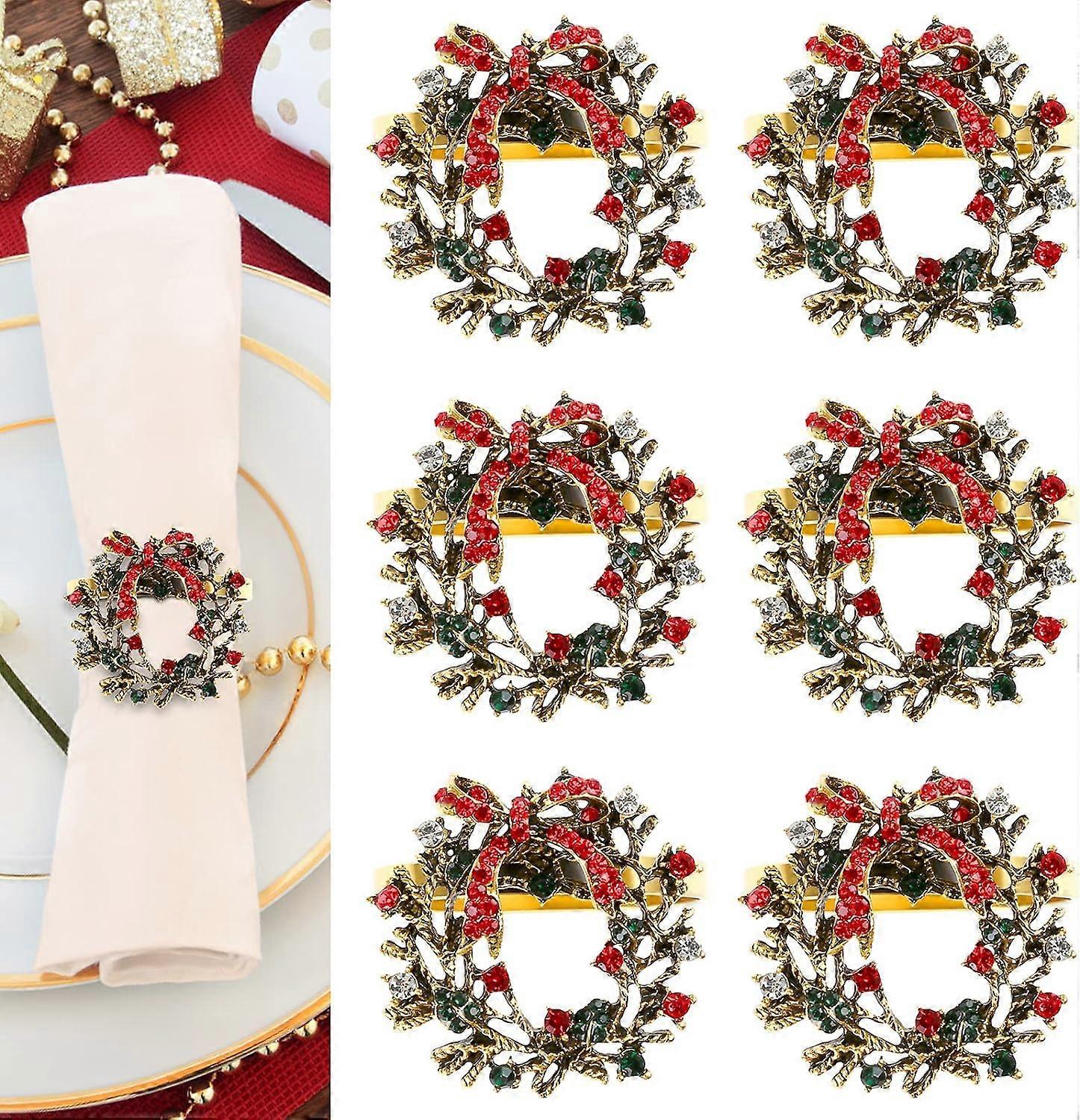 Tinor 6Pcs Christmas Wreath Napkin Rings, Christmas Themed Napkin Holder Napkin Buckles for Xmas  Wedding Party Dinner Table Decoration