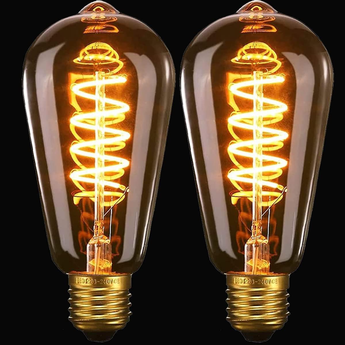 Linkrunning 2 Pack ST64 Vintage Edison Light Bulb-4W 40W Dimmable Spiral Flexible LED-Filament Bulbs-No Flicker Retro E27 Screw Bulb