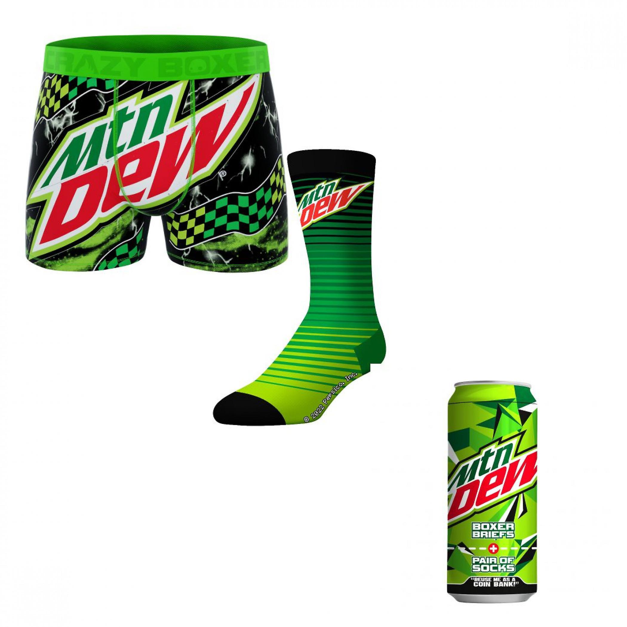 Famous Brands Crazy Boxers Mountain Dew Logo Boxer Briefs and Socks in Soda Can Green Medium (32-34)