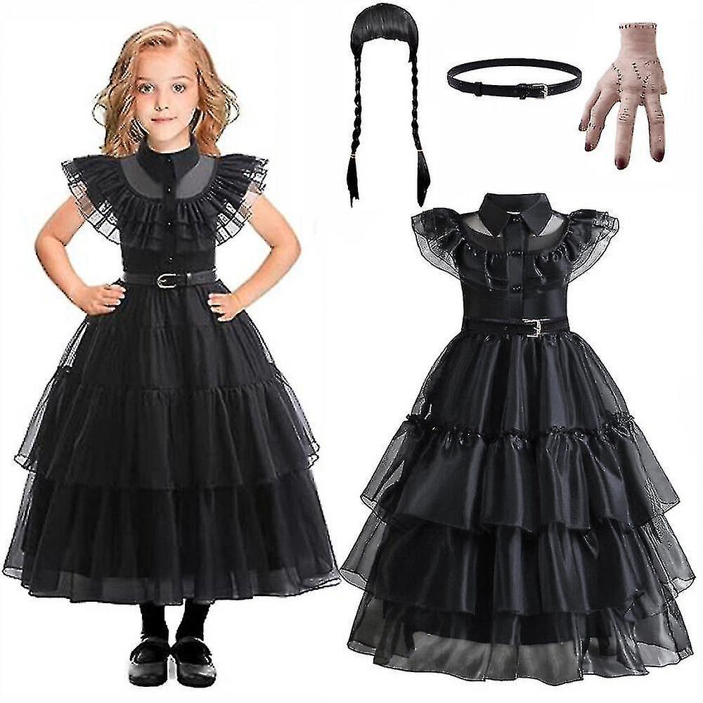 Aswei 2024kids Girls Wednesday The Addams Family Costume Halloween Dress Birthday Partycarnival Dress Belt Wig Hand 140cm