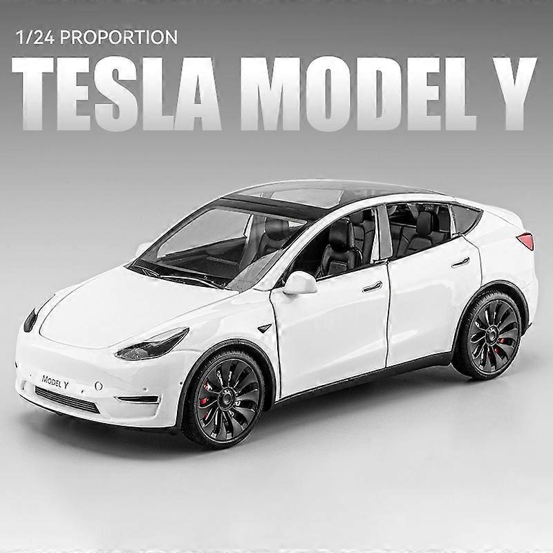 Toy Cars 1:24 Tesla Model Y With Charging Pile Alloy Car Model Diecast Metal Toy Simulation Sound and Light Childrens Collectibles Gifts Model Y White