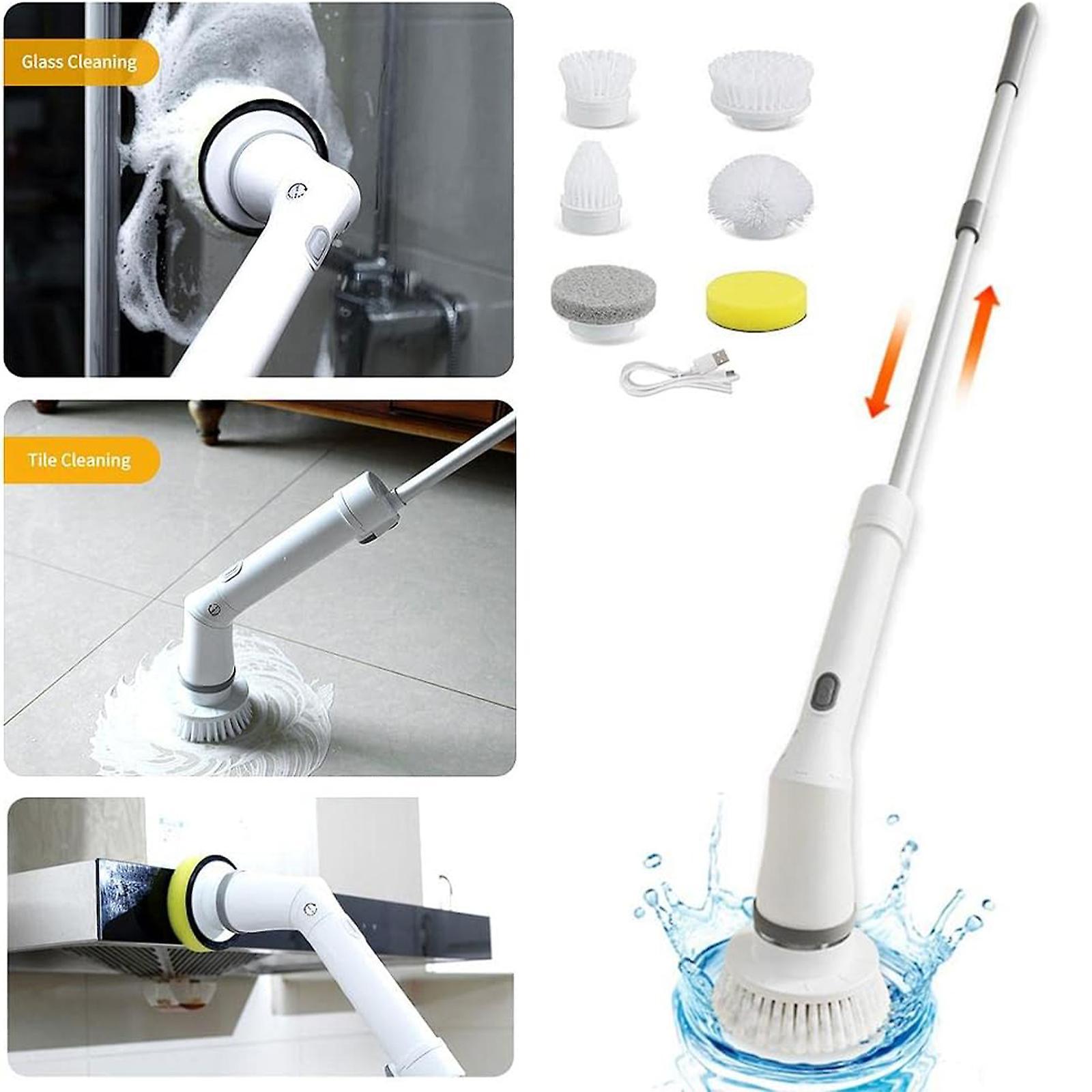 Fongwan Electric Spin Scrubber, Cordless Cleaning Brush With 6 Replaceable Brush Heads, Telescopic Handheld Scrubber For Bathroom Tub Tile Car white