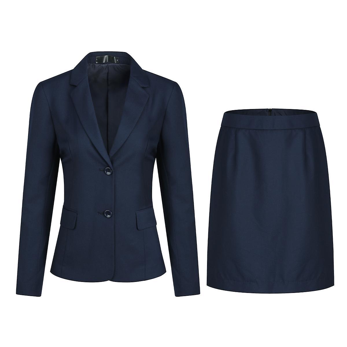 Yynuda Womens 2-piece Elegant Slim Fit Suit Office Lady Solid Color Dress (blazer + Skirt) Dark blue XL