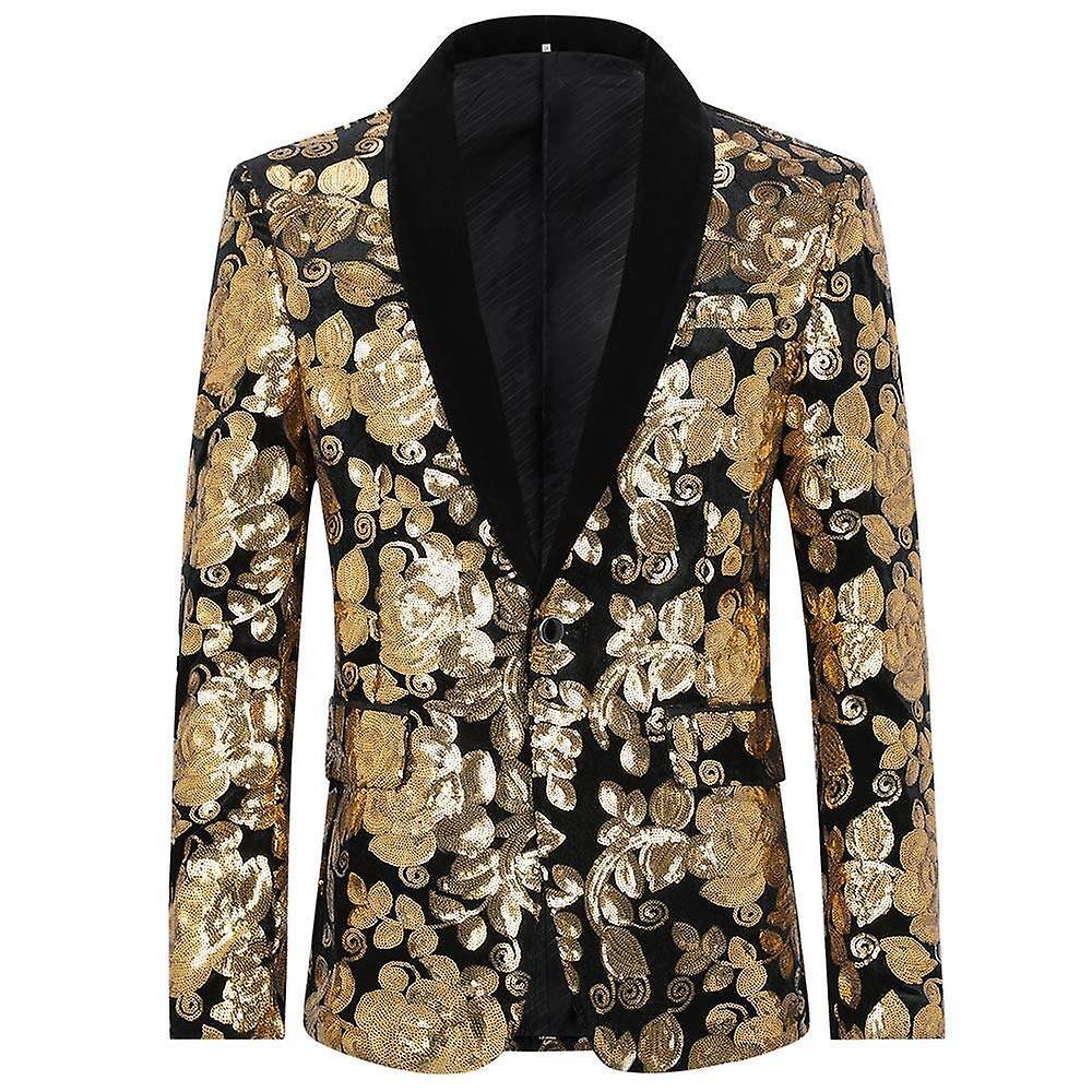 Allthemen Mens Sequins Wedding Banquet Shawl Collar Suit Jacket Black/Gold M