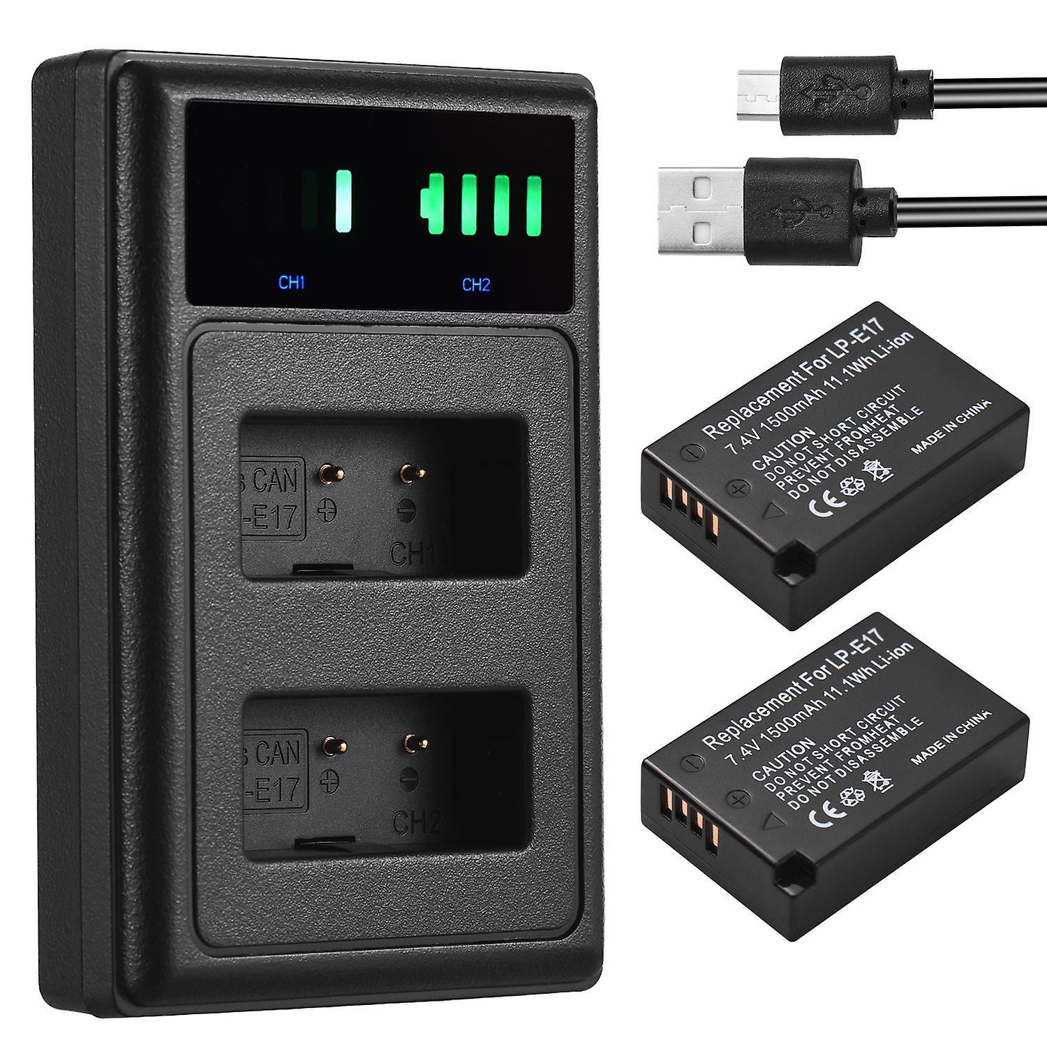 Andoer-2 LP-E17 Battery Charger with LED Indicators + 2pcs LP-E17 Batteries 7.4V 1500mAh with USB Charging Ca