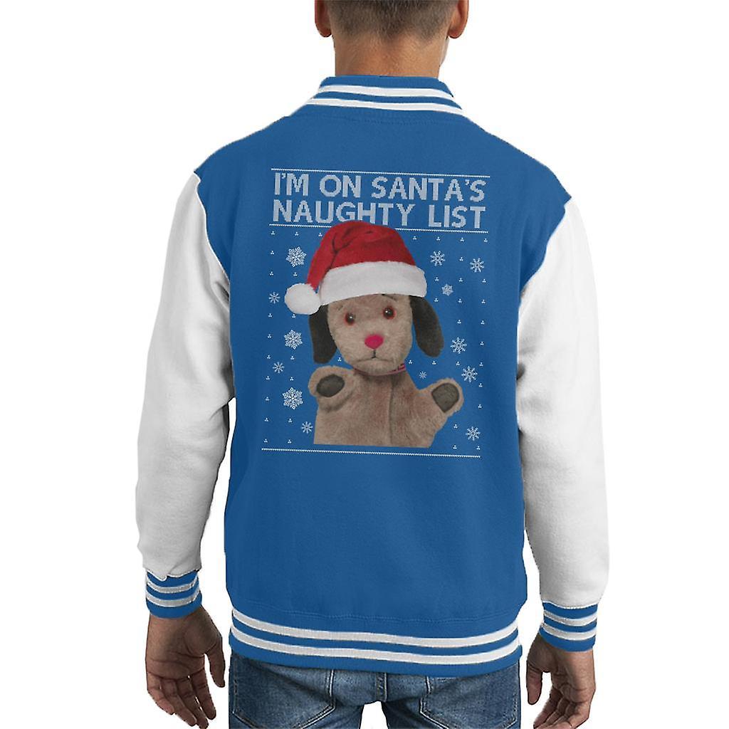 Sooty Christmas Sweep Im On Santas Naughty List Kid's Varsity Jacket Royal/White Medium (7-8 yrs)