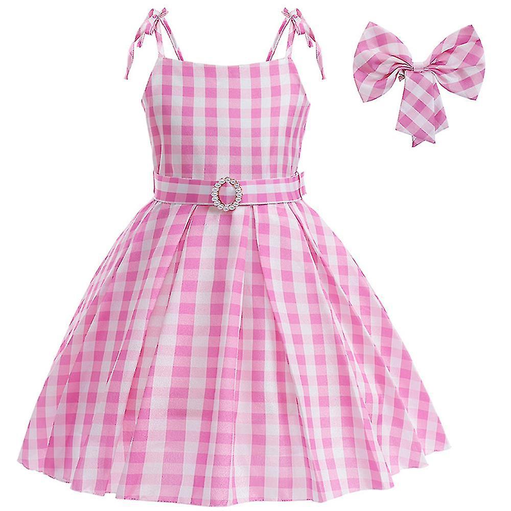 Subaoe Barbie Cosplay Costume Dress Girls Margot Robbie Movie Outfit Kids Pink White Gingham Dresses Party Birthday Dress Up With Bow Hair Clip Hl1...