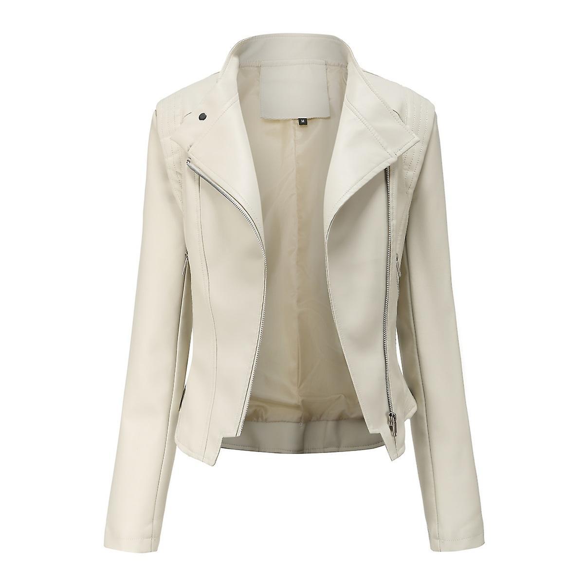 Yunclos Women's Stylish Slim Faux Leather Biker Outerwear Zip Jacket Off white XL