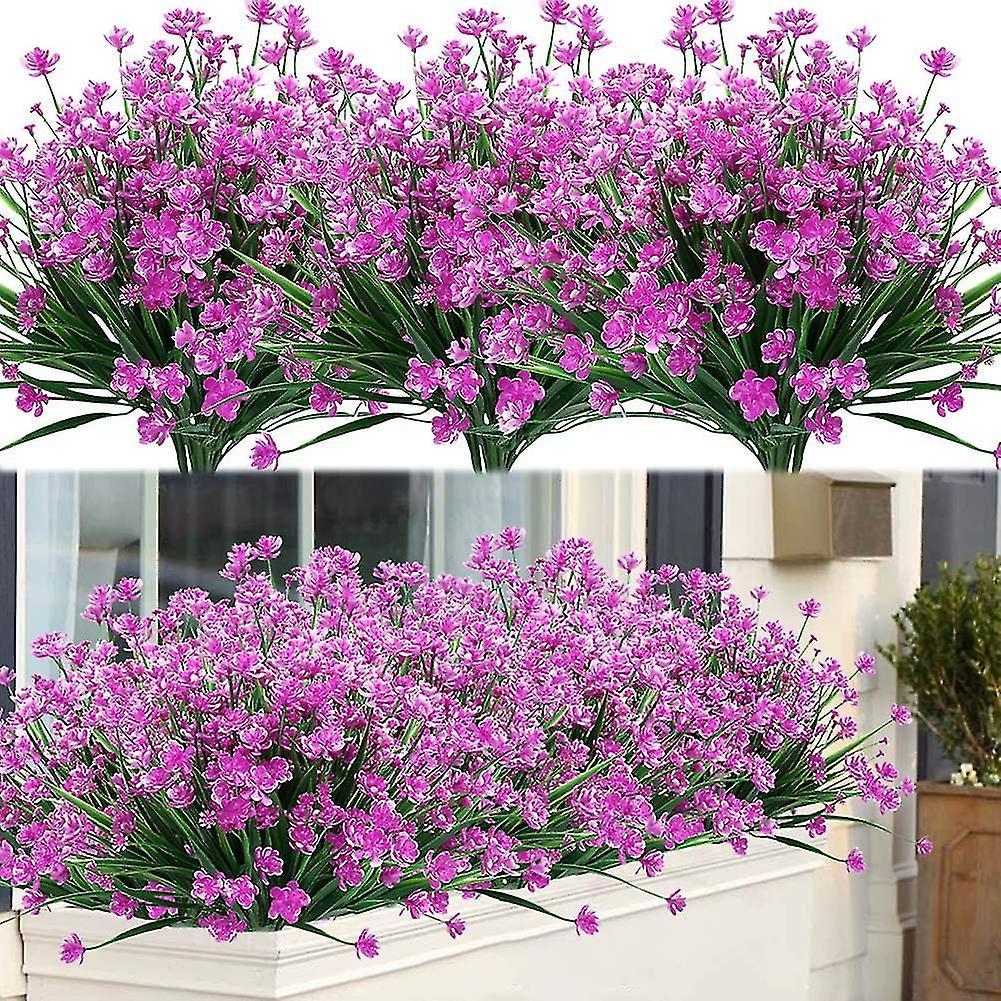 Exsha 8 Bundles Outdoor Artificial Fake Flowers Shrubs Uv Resistant Plants, Faux Plastic Greenery (purple) Fuchsia