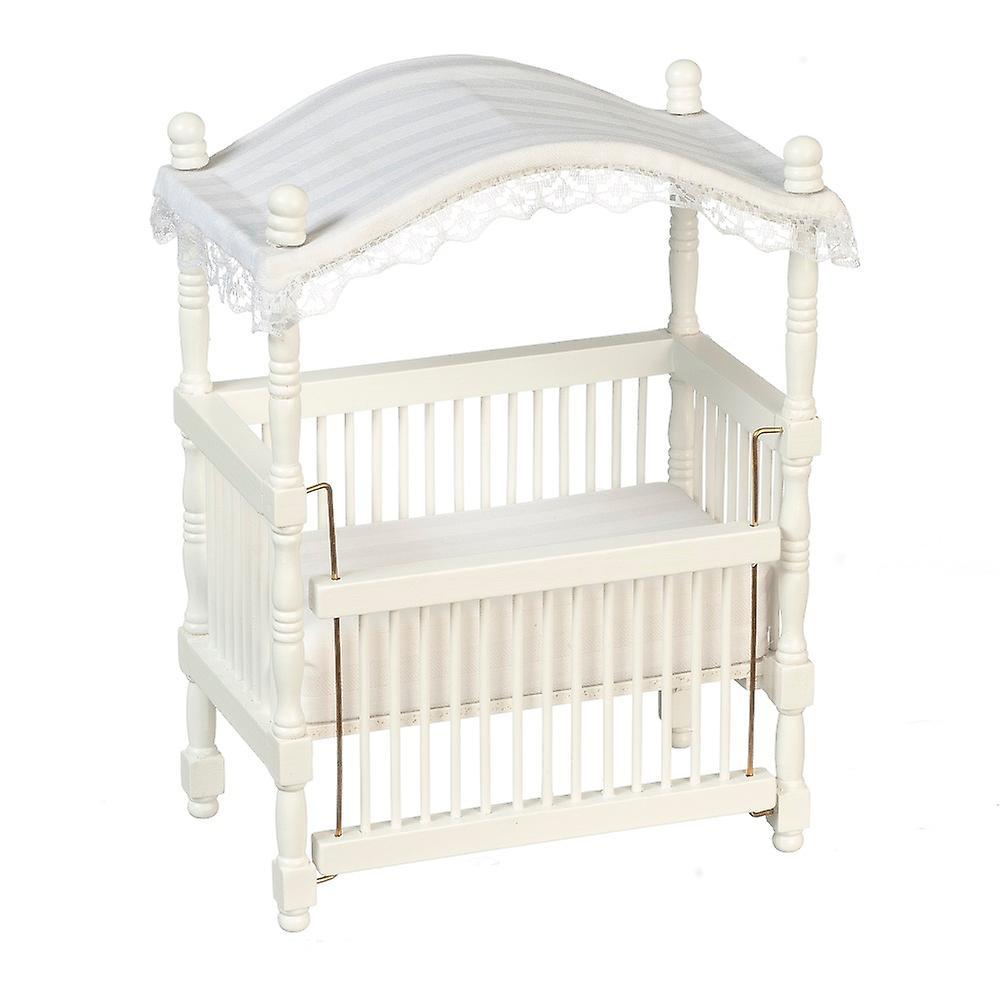 Melody Jane Dolls Houses Dolls House White Wood Canopy Cot Crib Miniature 1:12 Nursery Baby Furniture