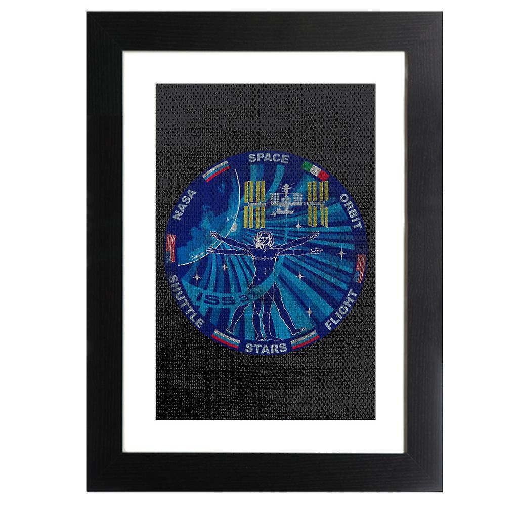 NASA ISS Expedition 37 Mission Badge Distressed Framed Print Black 39 x 52 cm