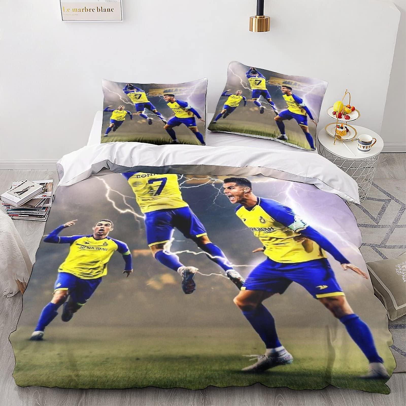 Kerota Ronaldo Al NASSR CR Football Star Duvet Cover - King Bedding Set with Zipper Closure Microfiber Duvet Cover Sets with Matching Gold Pillowca...