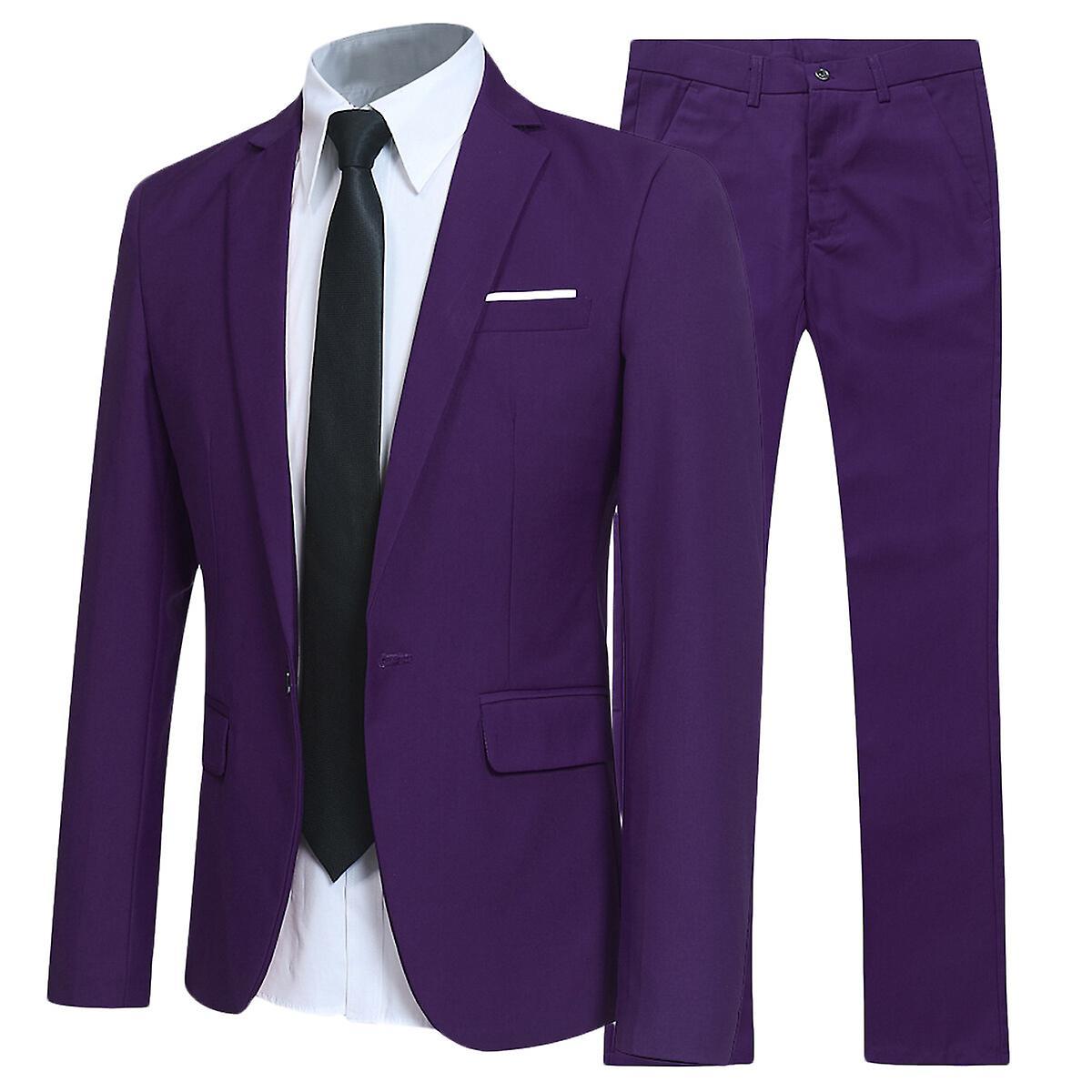 Allthemen Mens Office Slim Suit 2-Piece Business Wedding Suits Blazer and Pants Purple XL