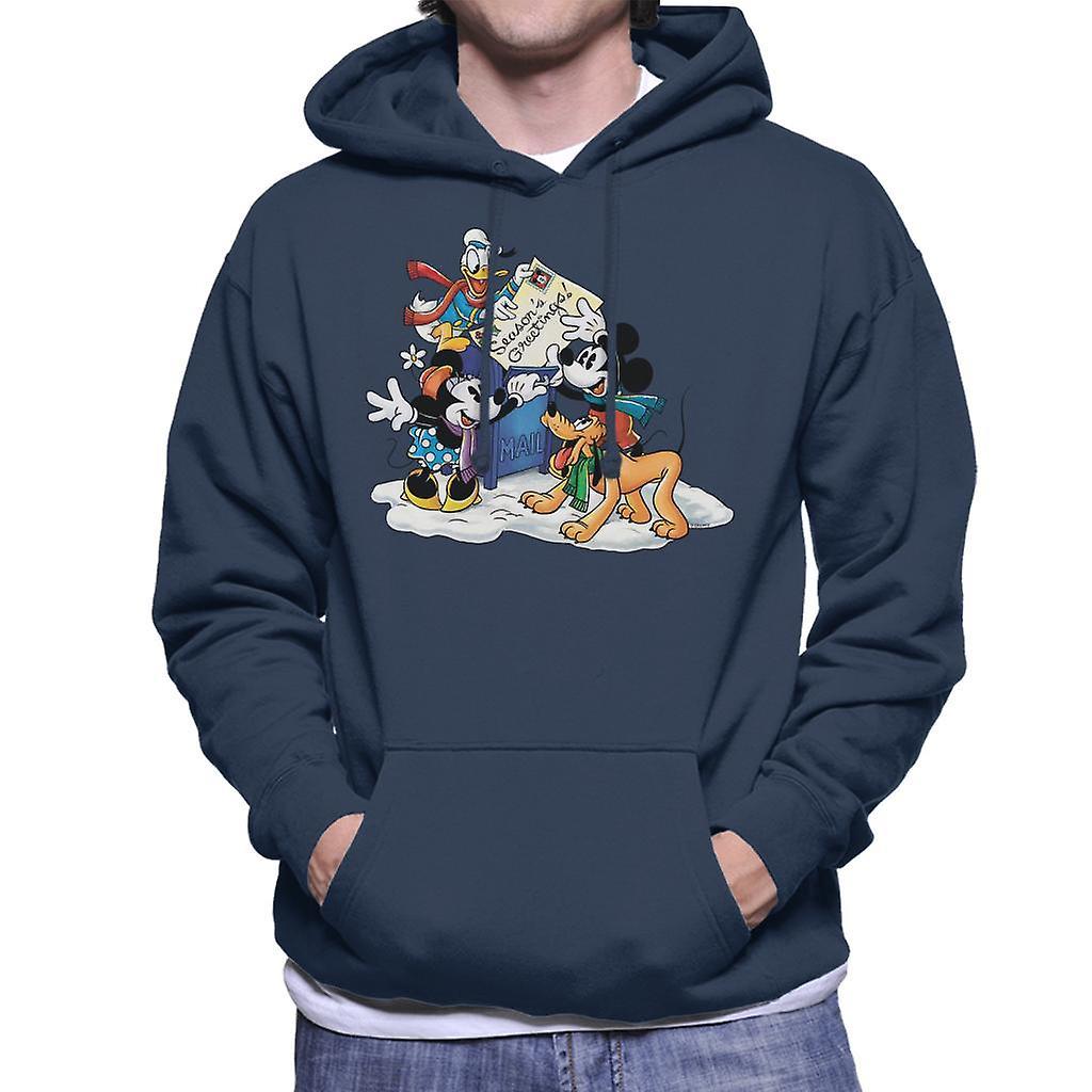 Disney Christmas Mickey Mouse Mailing Seasons Greetings Men's Hooded Sweatshirt Navy Blue X-Large