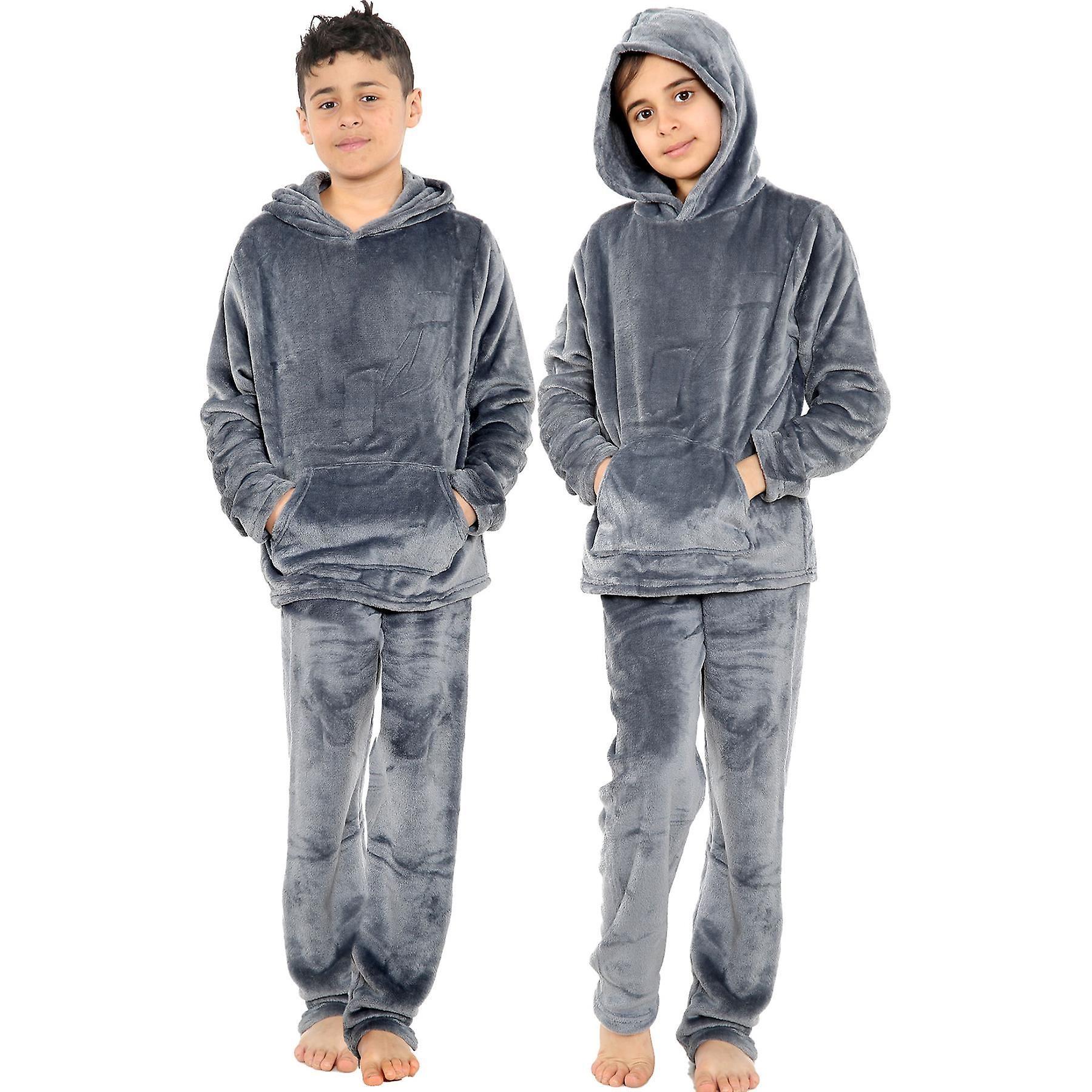 A2Z 4 Kids Kids Boys Girls Plain Hooded Warm Fleece Pyjamas 2 Piece PJS Set Charcoal 9-10 Years