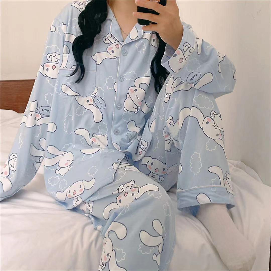 Aionyaaa Sanrio Pajamas Two Piece Set Kawaii Hello Kitty Spring Autumn Cardigan Lapel Pajamas Cute Sweet Cartoon Loose Loungewear Gifts C XL