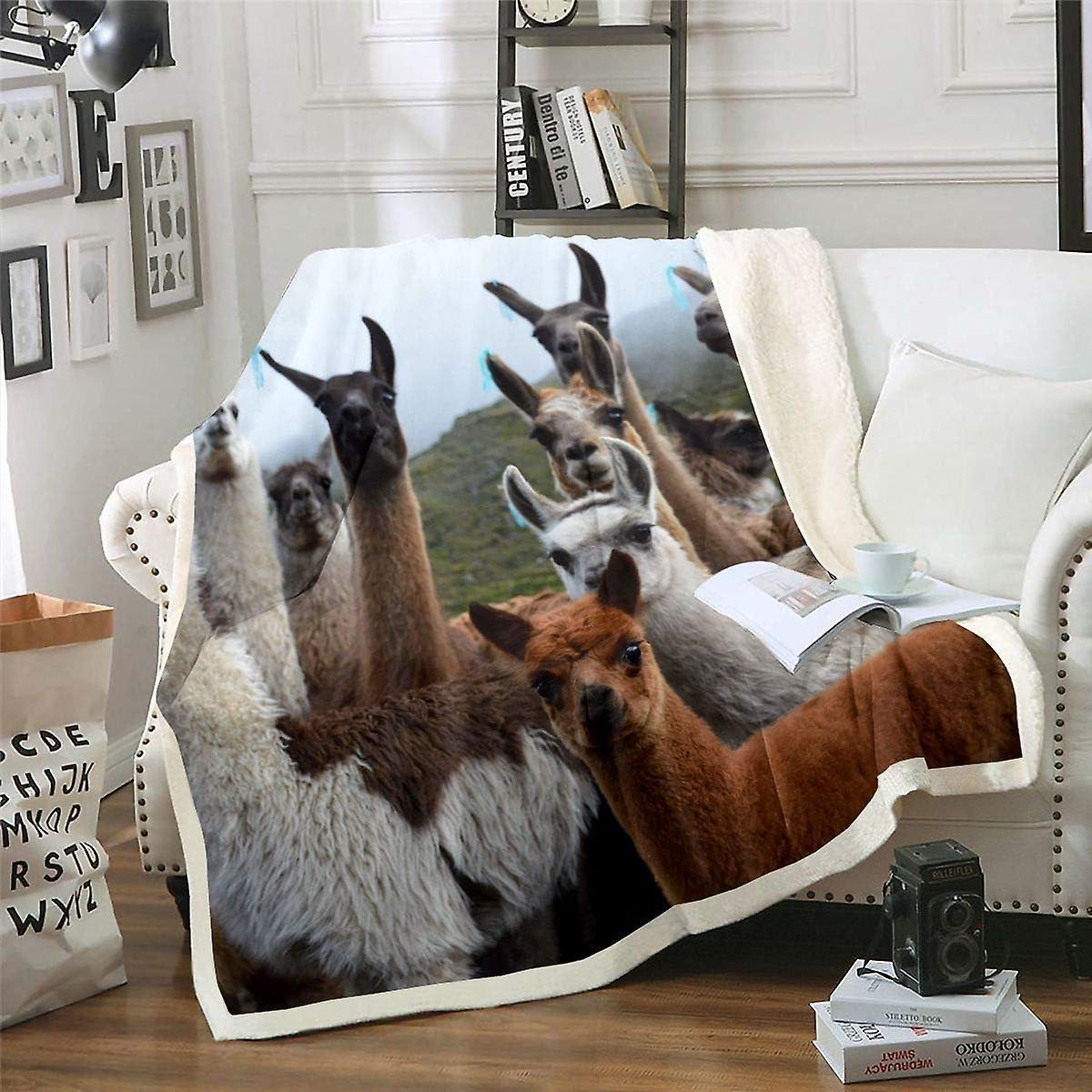 Kerota Cute Llama Sherpa Throw Blanket D Animal Theme Fleece Blanket South American Animals Plush Blanket for Sofa Bed Llama Alpaca Design Fuzzy Bl...