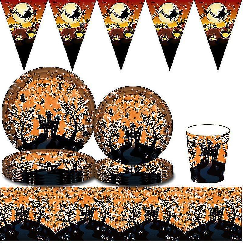 Tianzun New Halloween Themed Party Tableware Set Tablecloth Paper Plate Banner Paper Towel Decoration Set Party Supplies Decoration 9 inch plate 16pcs