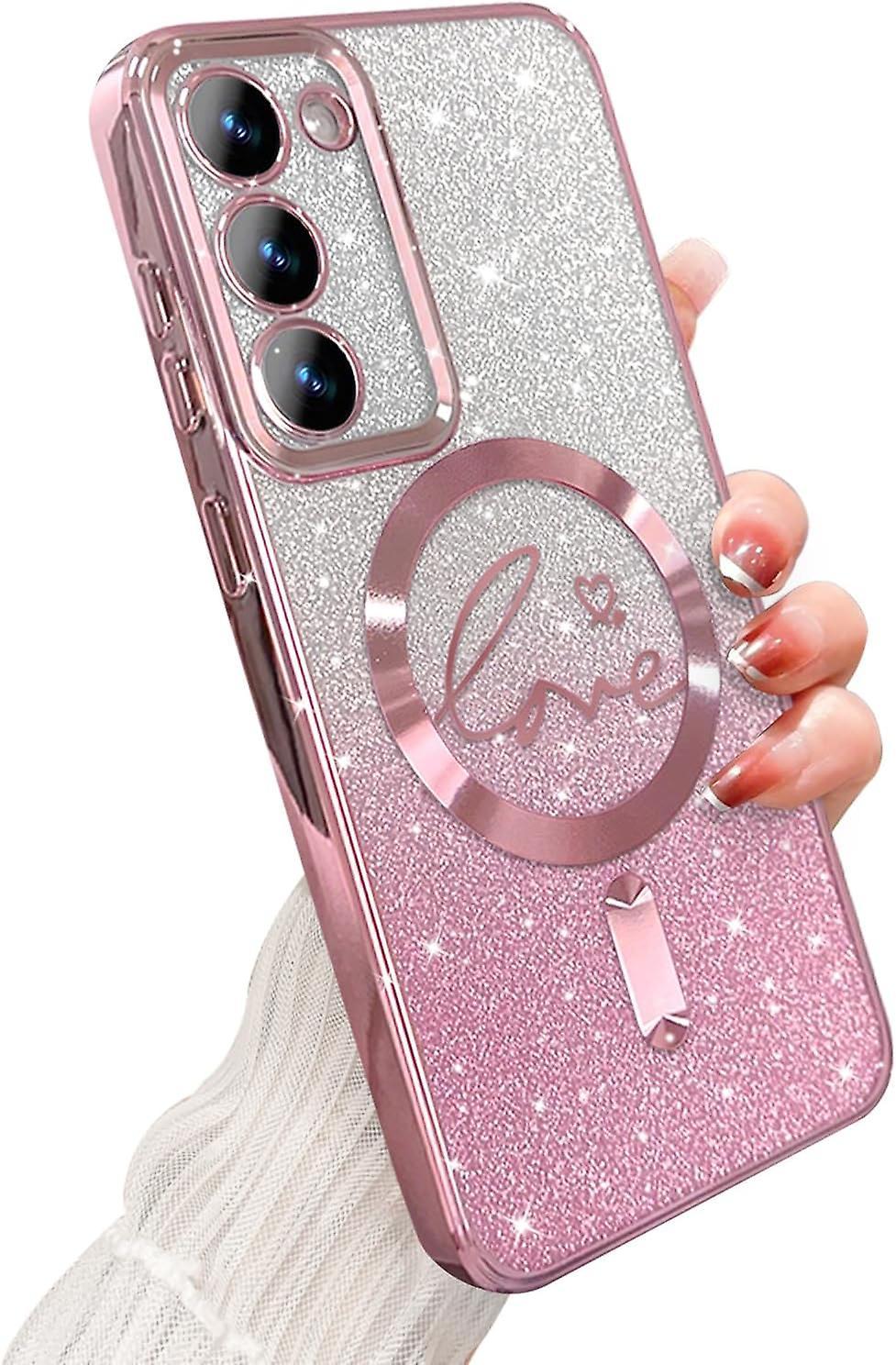 Wtowin For Samsung Galaxy S24 Case Magnetic, Plating Bling Gradient Glitter Phone Case, Compatible With Magsafe, Shockproof Cover Pink