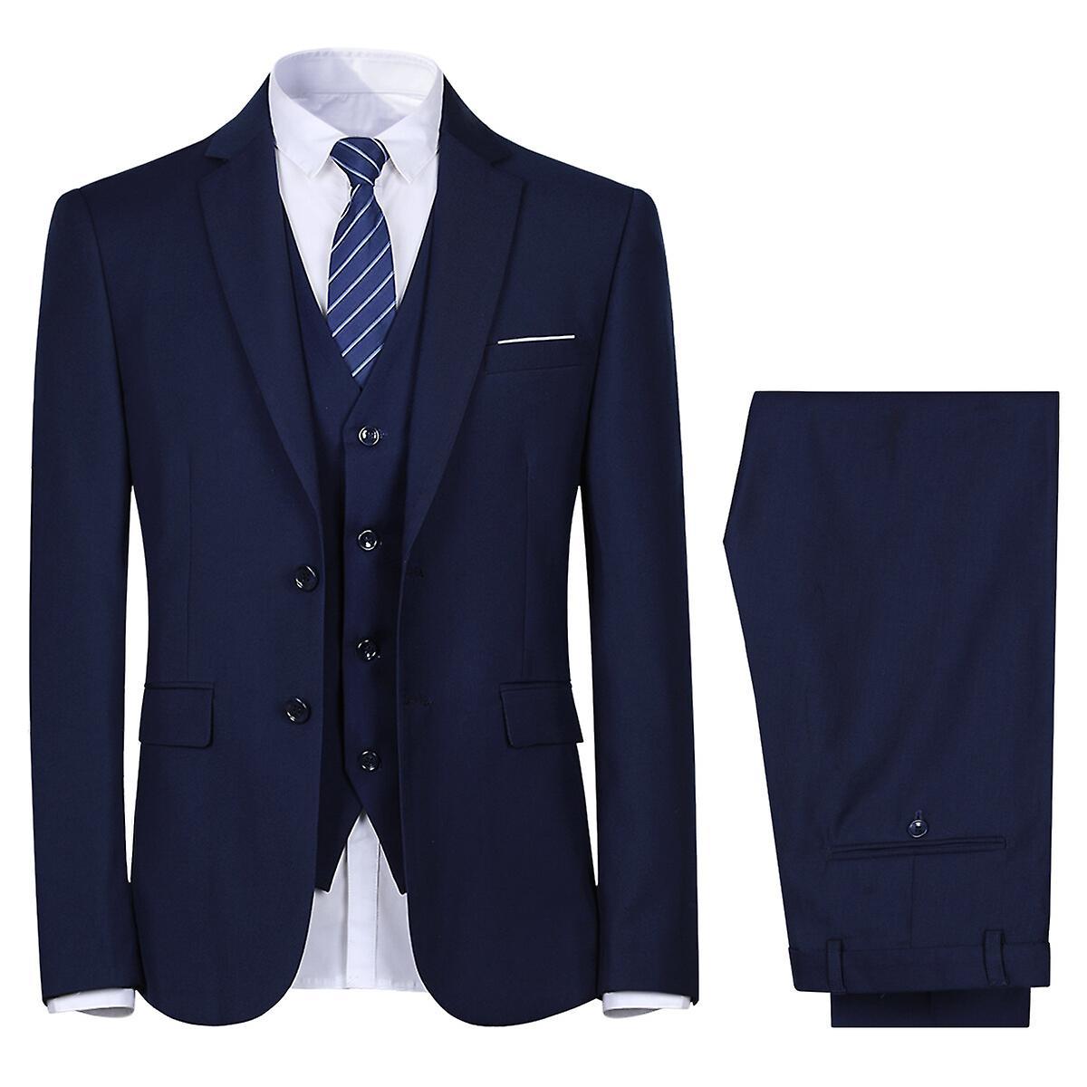 Allthemen Mens Suit for Wedding Party Dinner 3-Piece Business Suit Blazer Vest Pants 9 Colors Navy Blue M