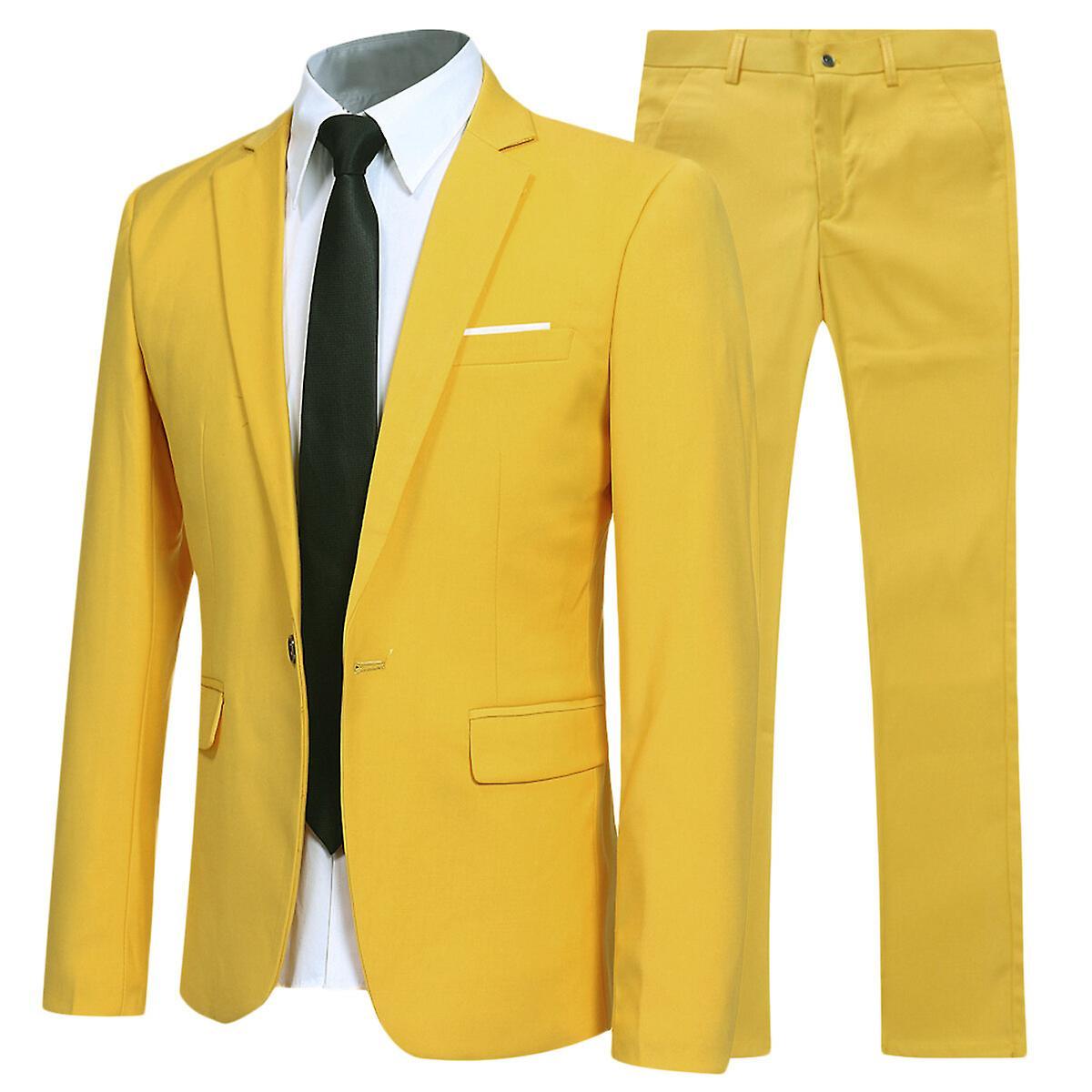 Allthemen Mens Office Slim Suit 2-Piece Business Wedding Suits Blazer and Pants Yellow M