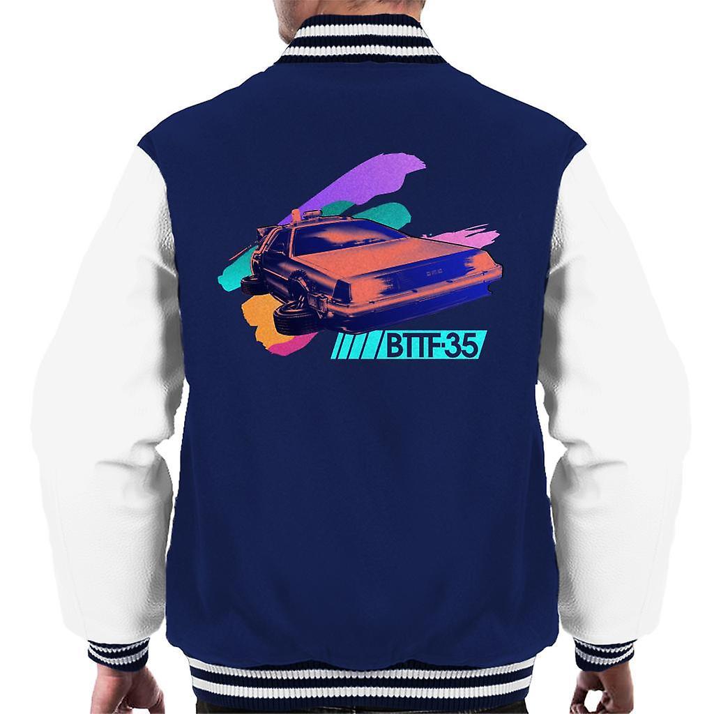 Back to the Future 35th Anniversary Delorean Flying Men's Varsity Jacket Navy/White XX-Large