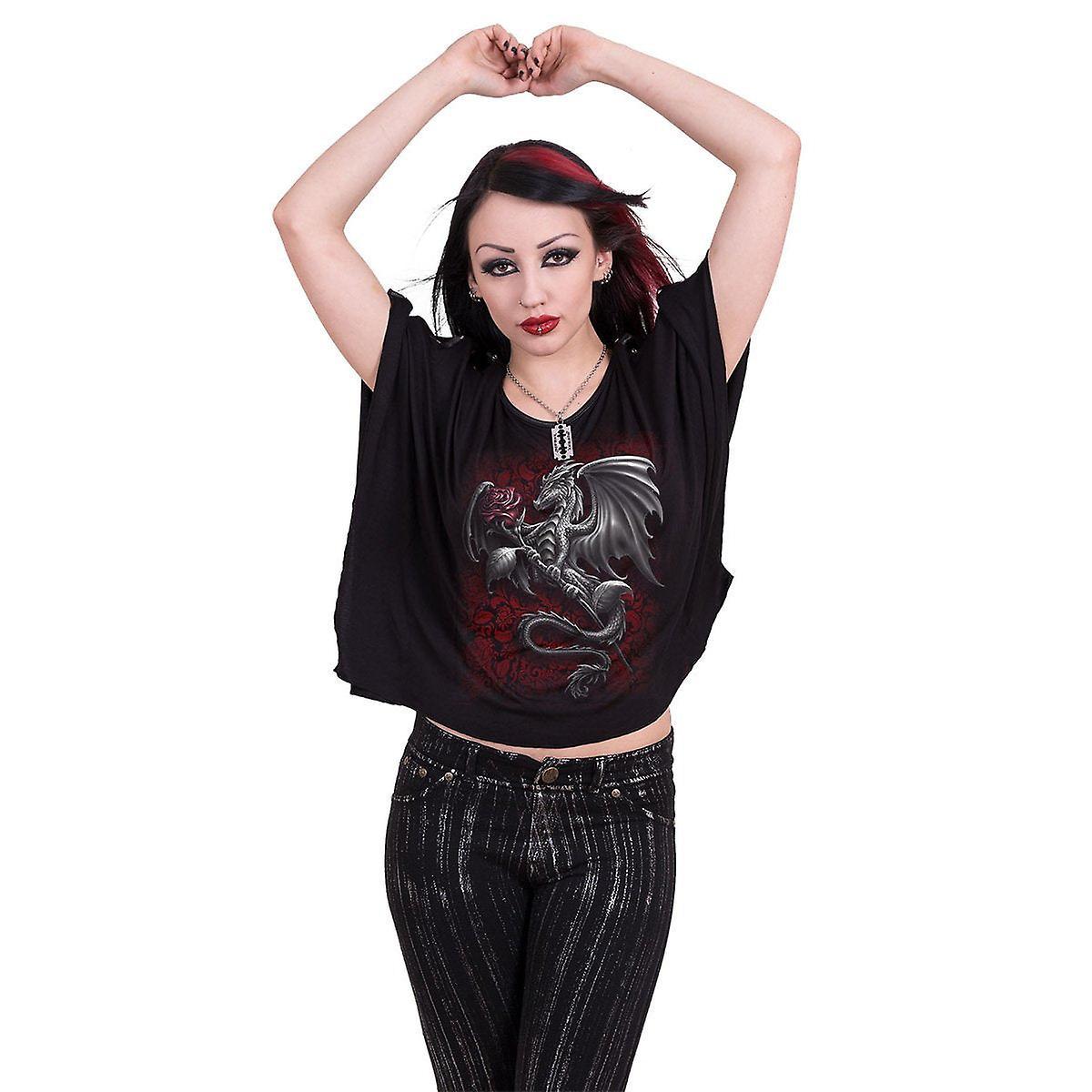 Spiral Direct Gothic DRAGON ROSE - Boat Neck Bat Sleeve Top Black |Dragon|Roses|Wings Large