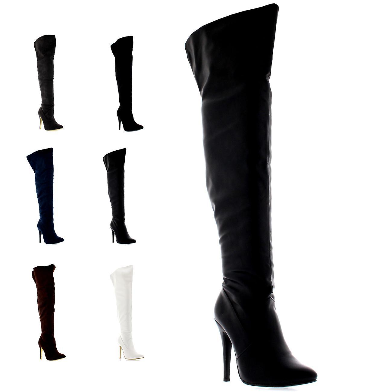 Viva Womens Thigh High Platform Stretch High Heels Evening High Heels Boots UK 3-9 Black Suede UK 4