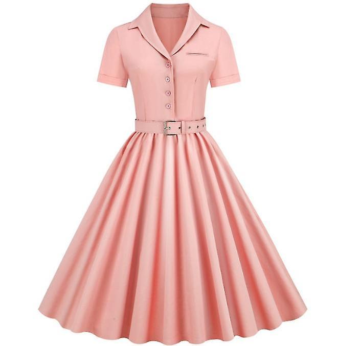 Ruitong Women's Vintage Pockets Swing Casual Work Party Dress pink L