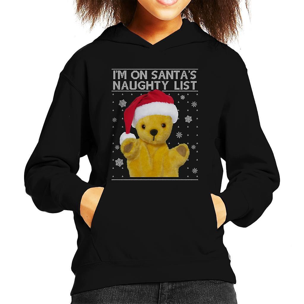 Sooty Christmas Im On Santas Naughty List Kid's Hooded Sweatshirt Black X-Large (12-13 yrs)