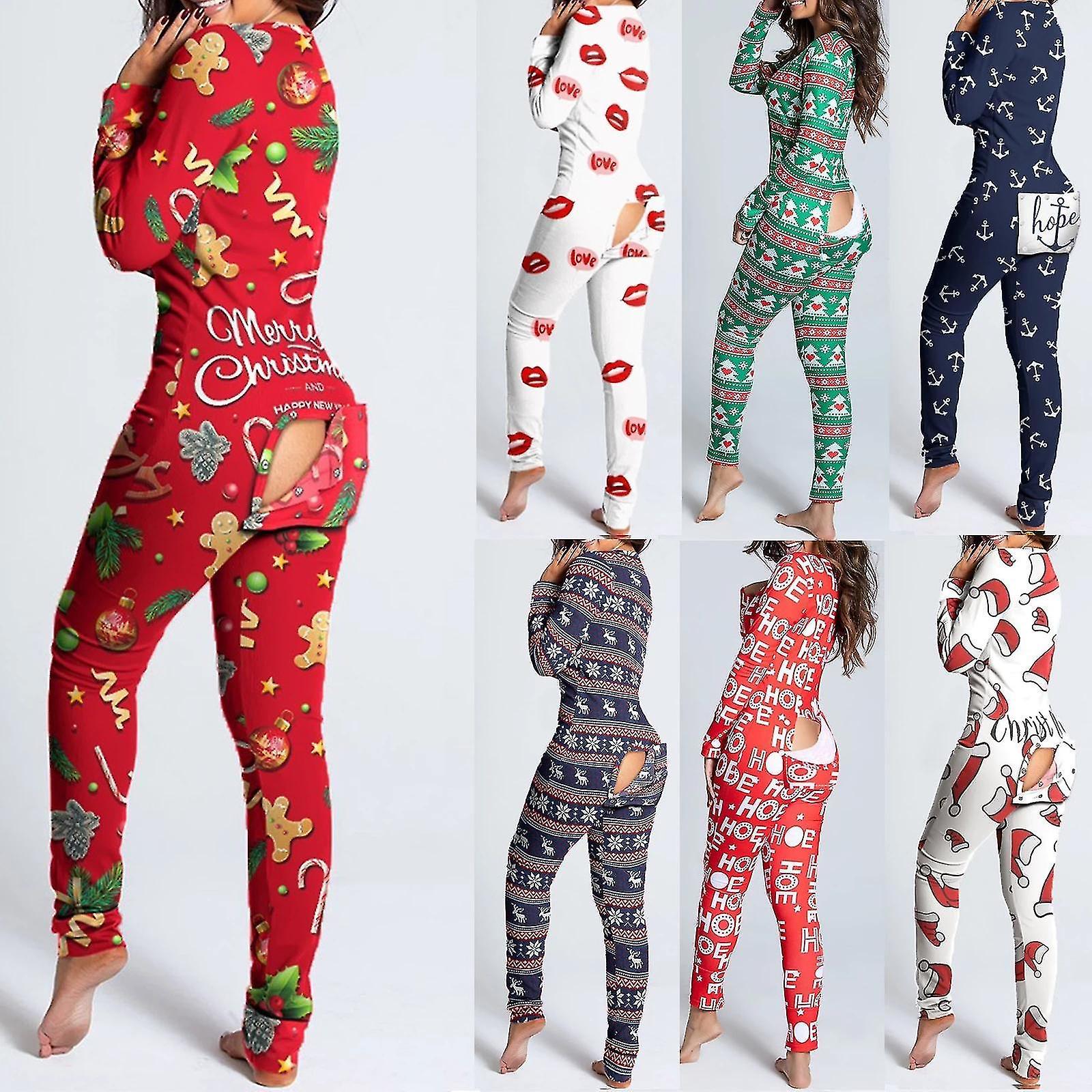 Yijin Sexy Pajama For Women Christmas Pajamas New Year Jumpsuit Sleepwear Button-down Front Back Butt Bum Open Ass Flap Jumpsuit Xmas Print Loungew...