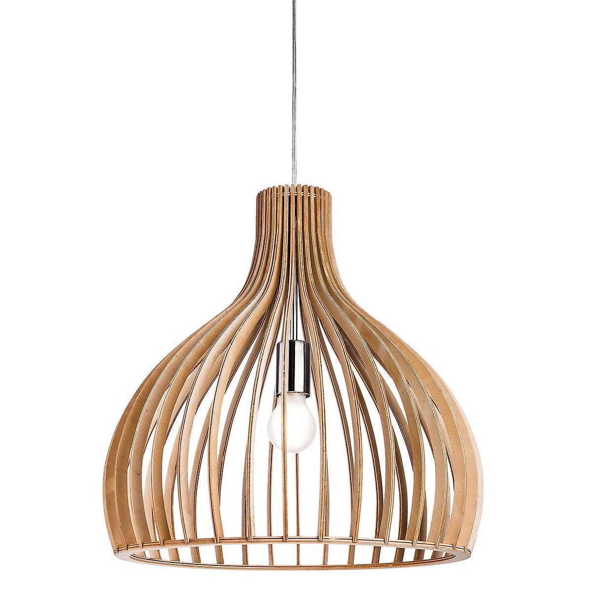 Cadiz 1 Light Cage Ceiling Pendant Natural Wood E27