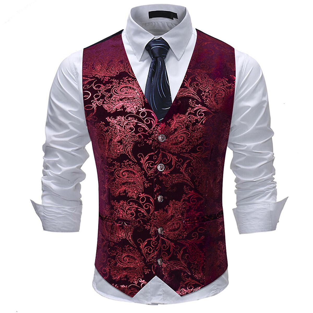 Allthemen Mens V-Neck Printed Business Casual Gold Silver Suit Vest Red L