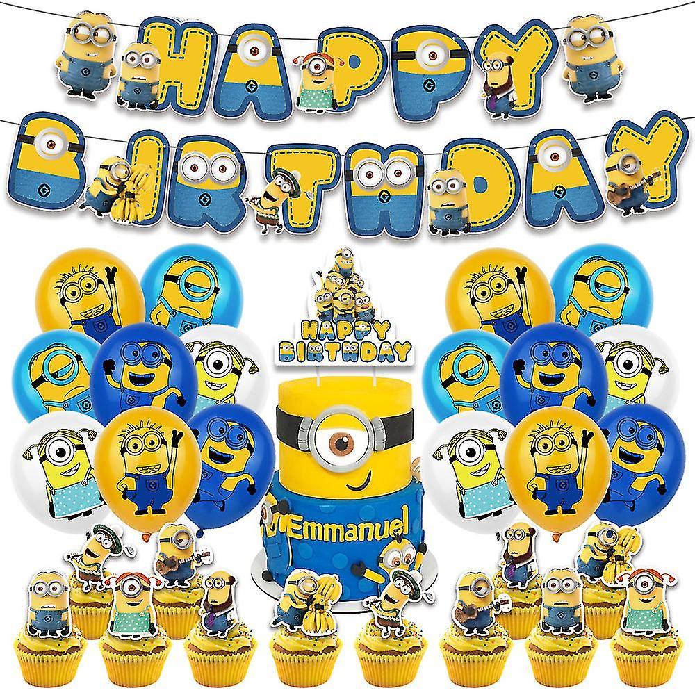 Shinestar Cartoon Minions Birthday Party Supplies Decorations - 30 Pcs Happy Birthday Banner Cake Topper Cupcake Topper Balloons For Kids Fans