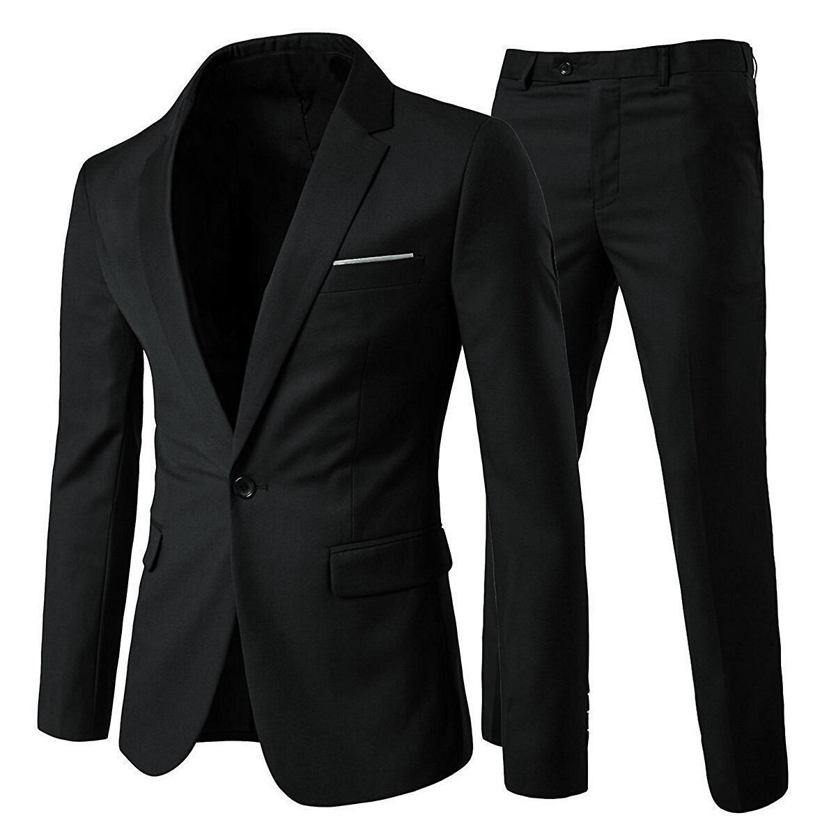 Allthemen Men's 2-Piece Suit, Slim Fit Solid Color Wedding Business Formal Suit Jacket and Pants Black L