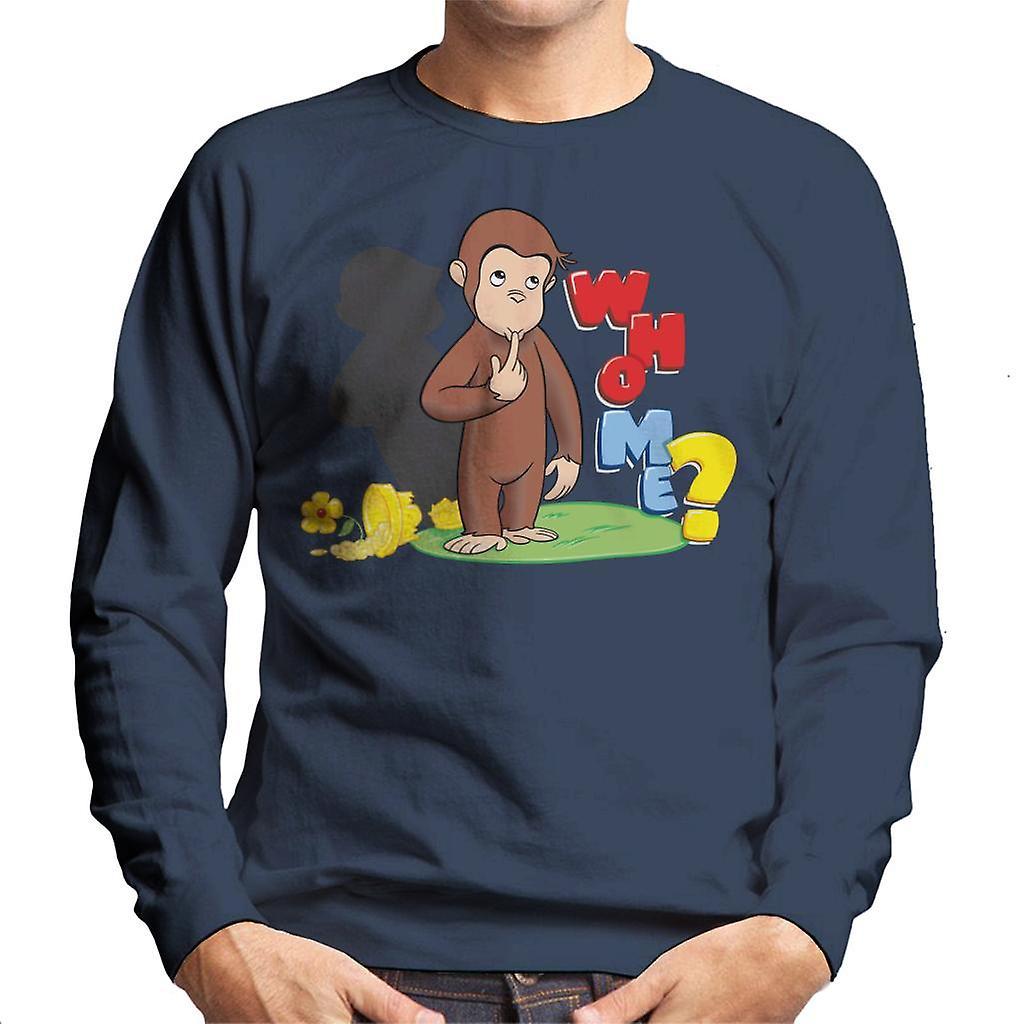 Curious George Broken Flower Pot Who Me Men's Sweatshirt Navy Blue Small