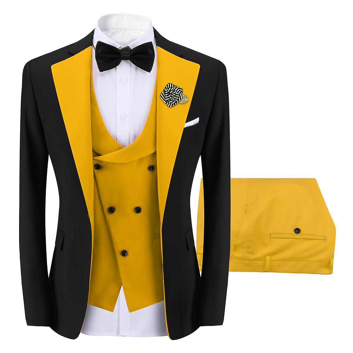 Sliktaa Mens 3Pce ColorBlock Dress Suits Wedding Blazer and Vest and Pants Yellow L