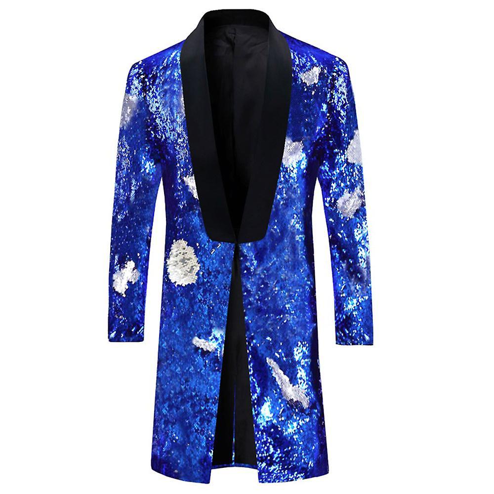 Allthemen Mens Shining Sequins Party Suit Jacket Blue Silver 2XL