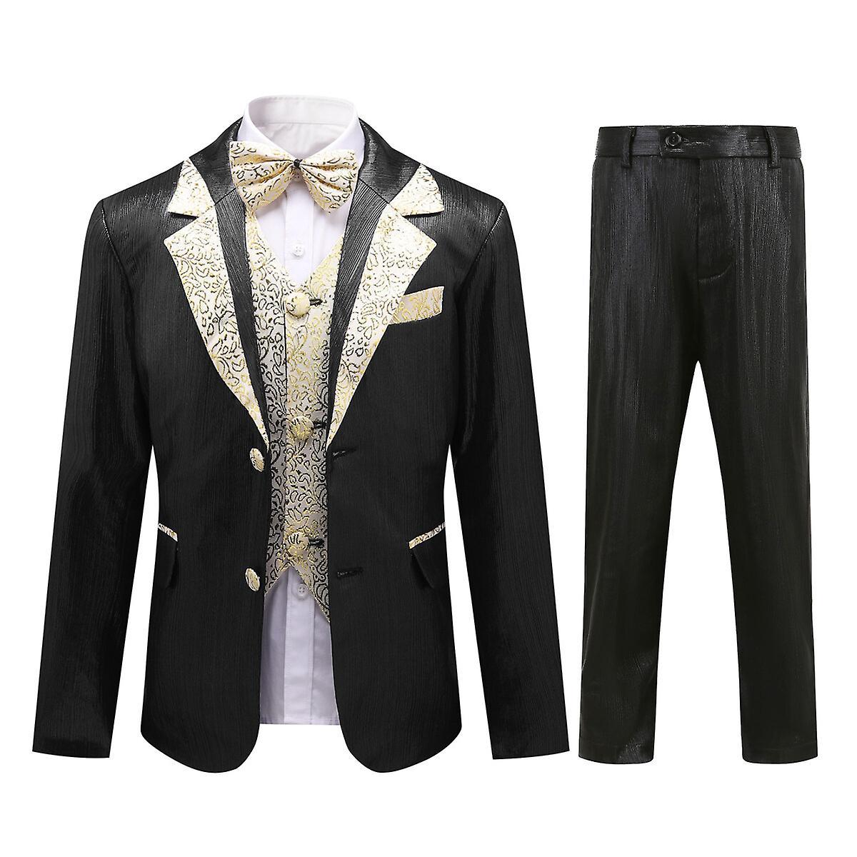 Sliktaa Boys 4Pce Tuxedo Suit Metallic Brushed Blazer and Paisley Vest and Pants Gold 110CM