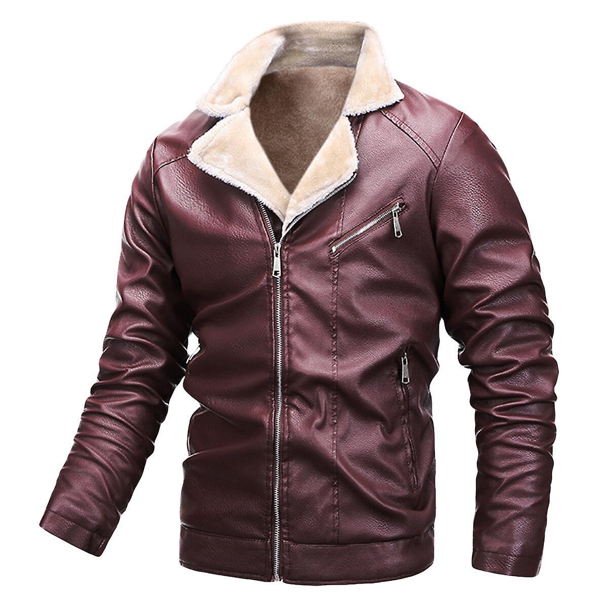 Allthemen Mens Classic PU Leather Thicken Everyday Wear Jacket Red L