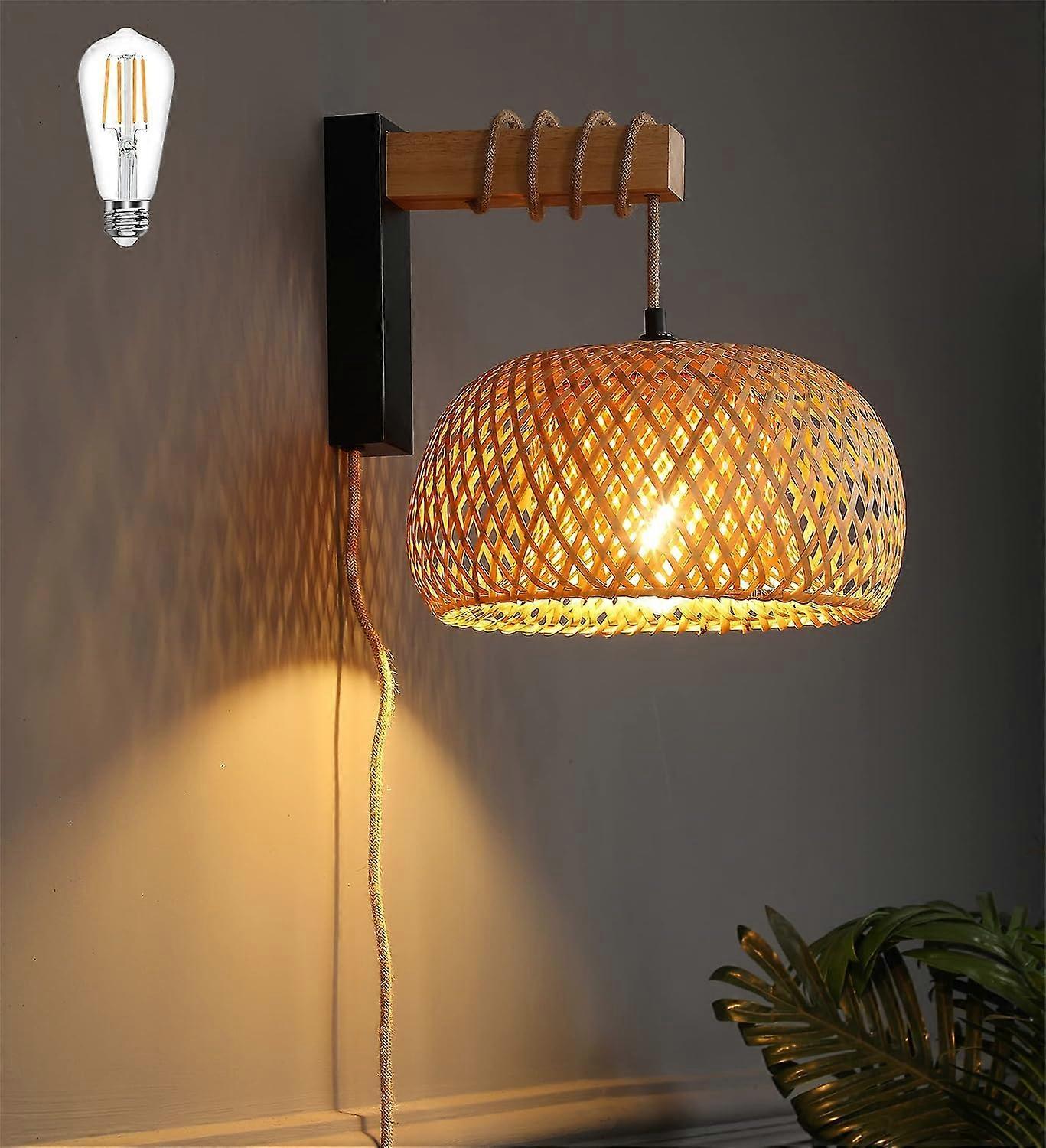 Heyone Plug in Wall Sconces,Wall Lamp with Plug in Cord and Dimmable Switch,Rattan Wall Sconces With Wood Arm and Hemp Rope Cord