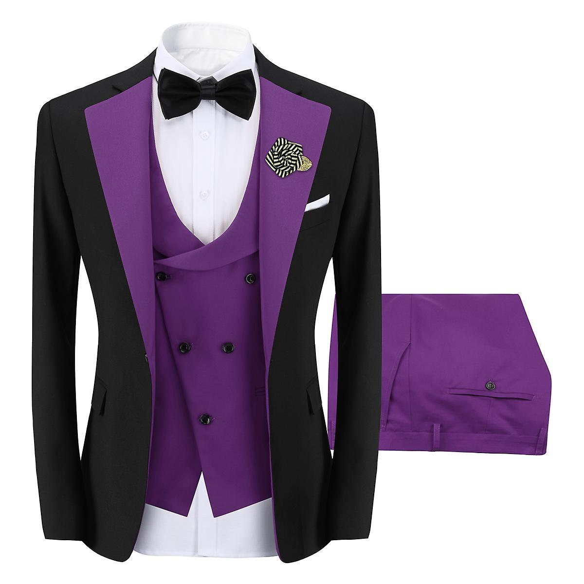 Sliktaa Mens 3Pce ColorBlock Dress Suits Wedding Blazer and Vest and Pants Purple 3XL