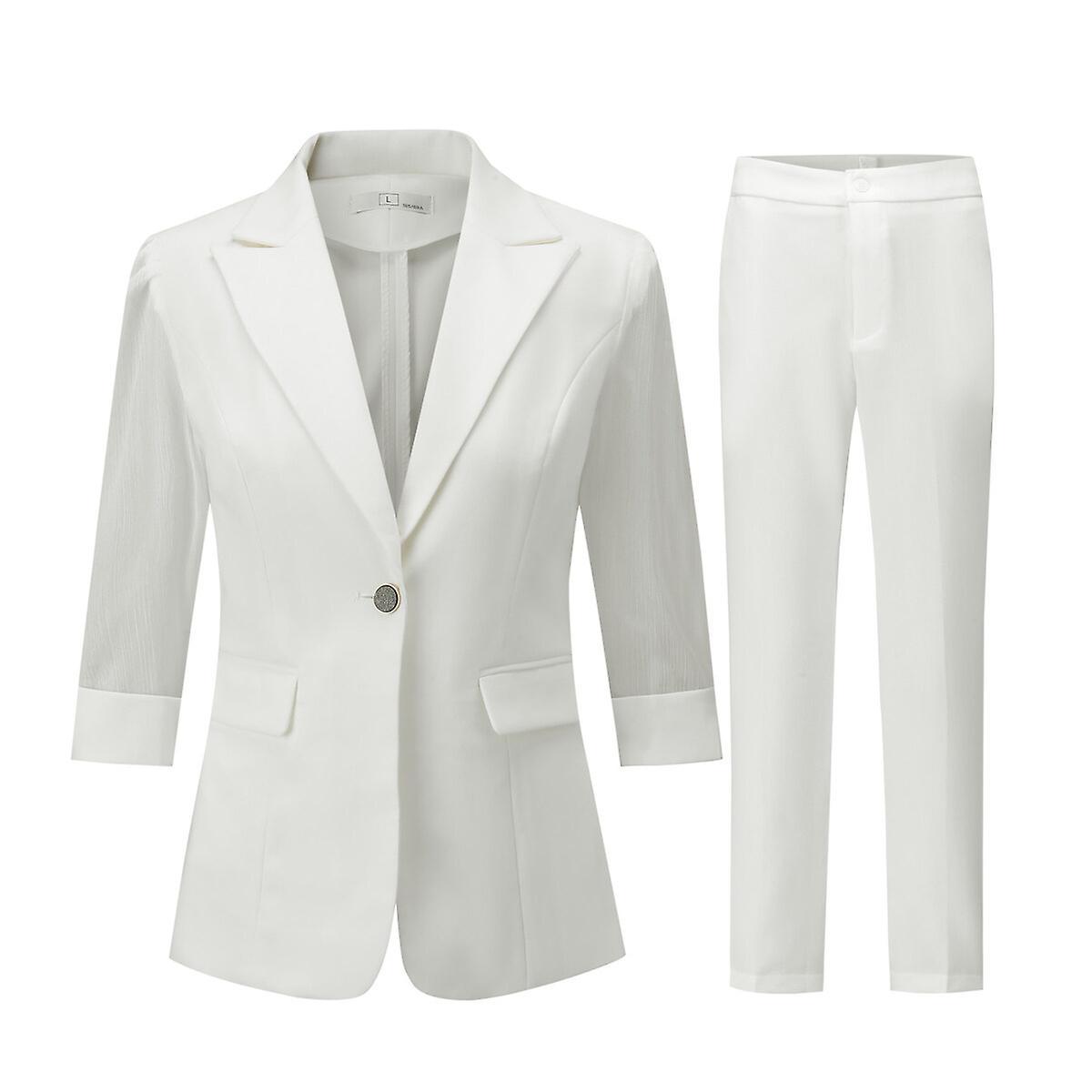 Yynuda Womens 2-piece Ice Silk Sleeve Blazer Business Suit White M