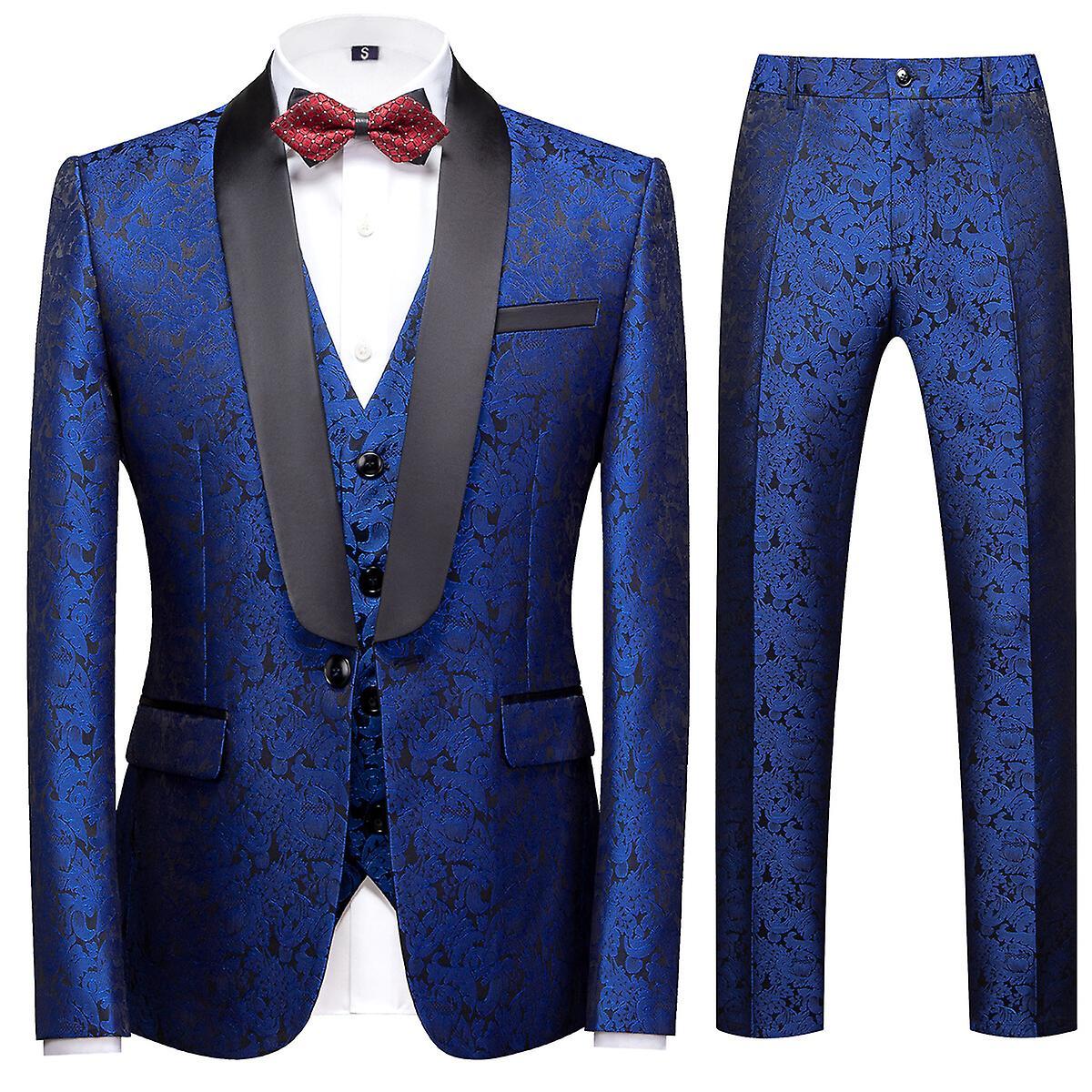 Allthemen Mens 3-Piece Suits Embroidered Jaquard Wedding Banquet One Button Slim Suits Blue L