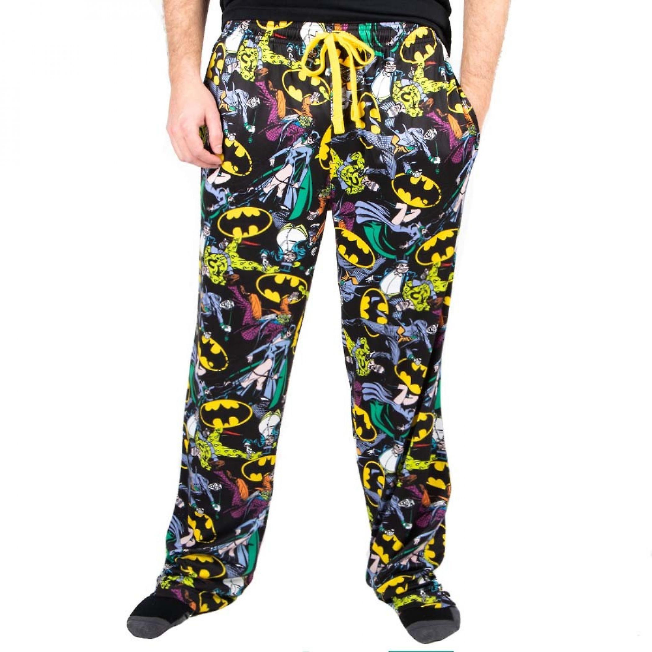 DC Comics Batman Logos and Characters All Over Print Sleep Pants Multi-Color Large (36-38)