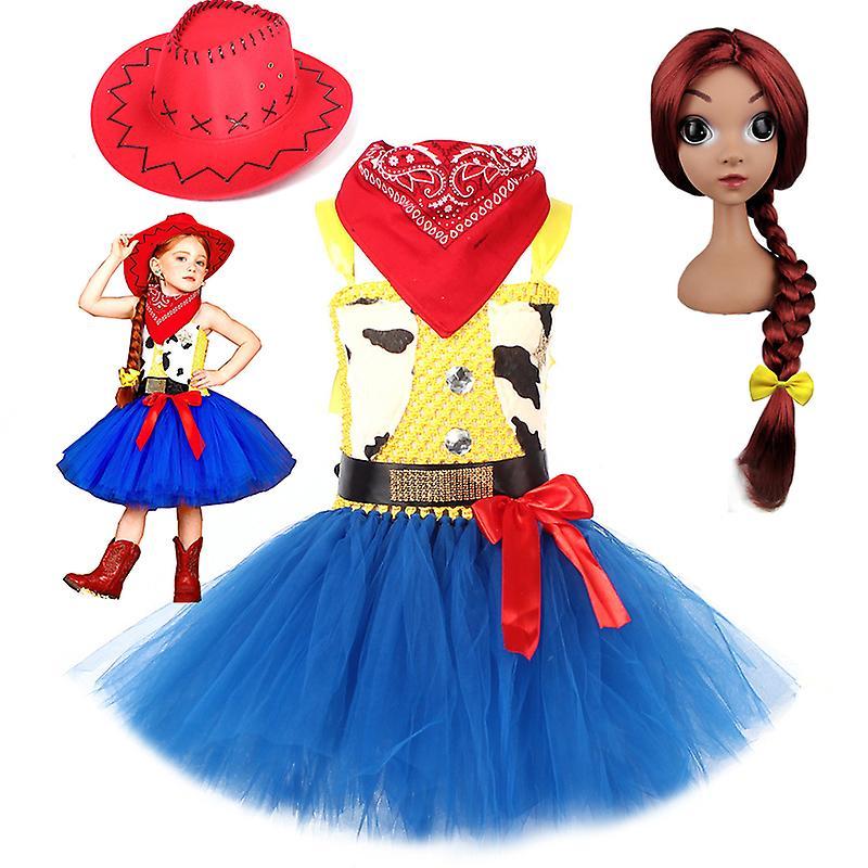 Ghygv Girls Toys Cowboy Costumes Jessie Story Kids Cosplay Dress Halloween Party Birthday Wedding Vestidos Tutu Prom Gown Dress Frocks Jessie wig M...