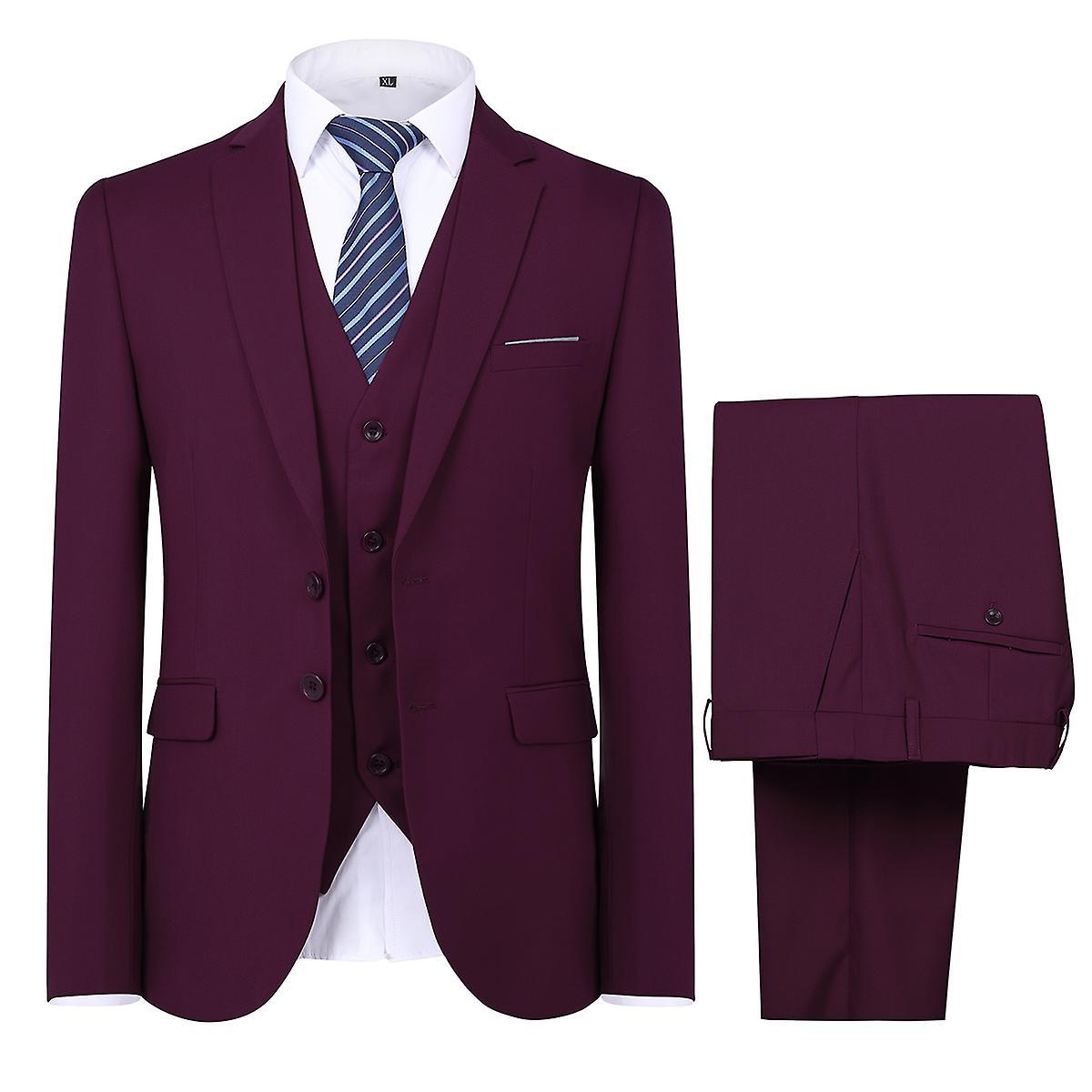 Allthemen Mens Suit for Wedding Party Dinner 3-Piece Business Suit Blazer Vest Pants 9 Colors Dark Red L