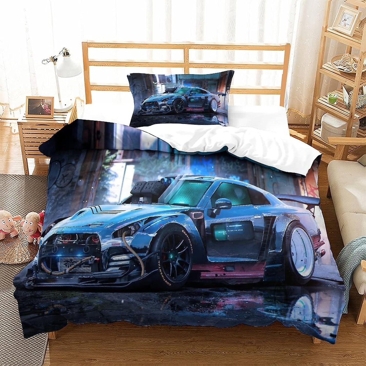 Kerota Duvet Cover Set D Racing Car Bedding Sports Car Microfiber Duvet Cover with Zipper Closure for Kids Teens Adults Bedding Set Double200x200cm